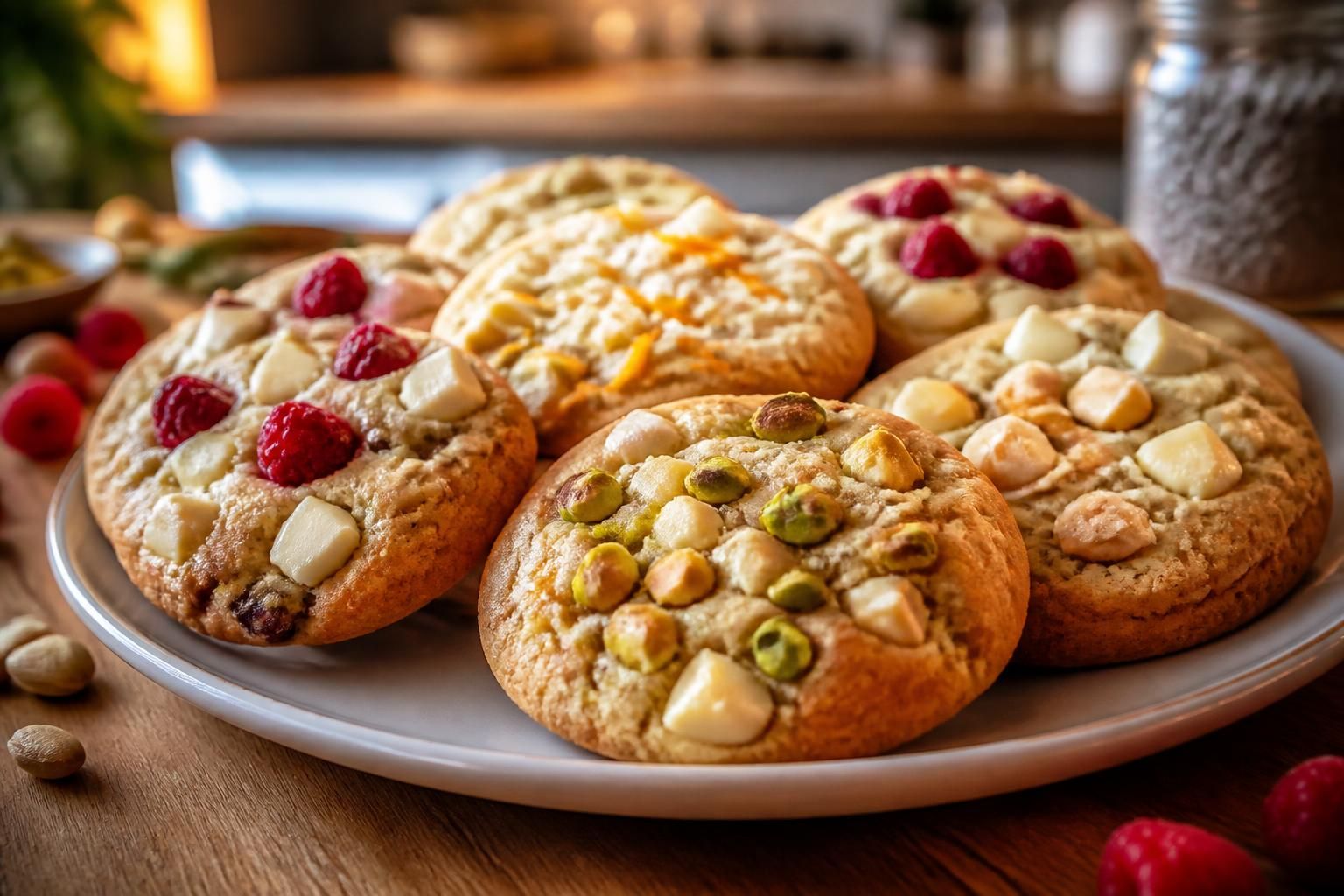 découvrez nos cookies au chocolat blanc aux saveurs originales comme la pistache, la framboise et bien d'autres pour une expérience gourmande unique.