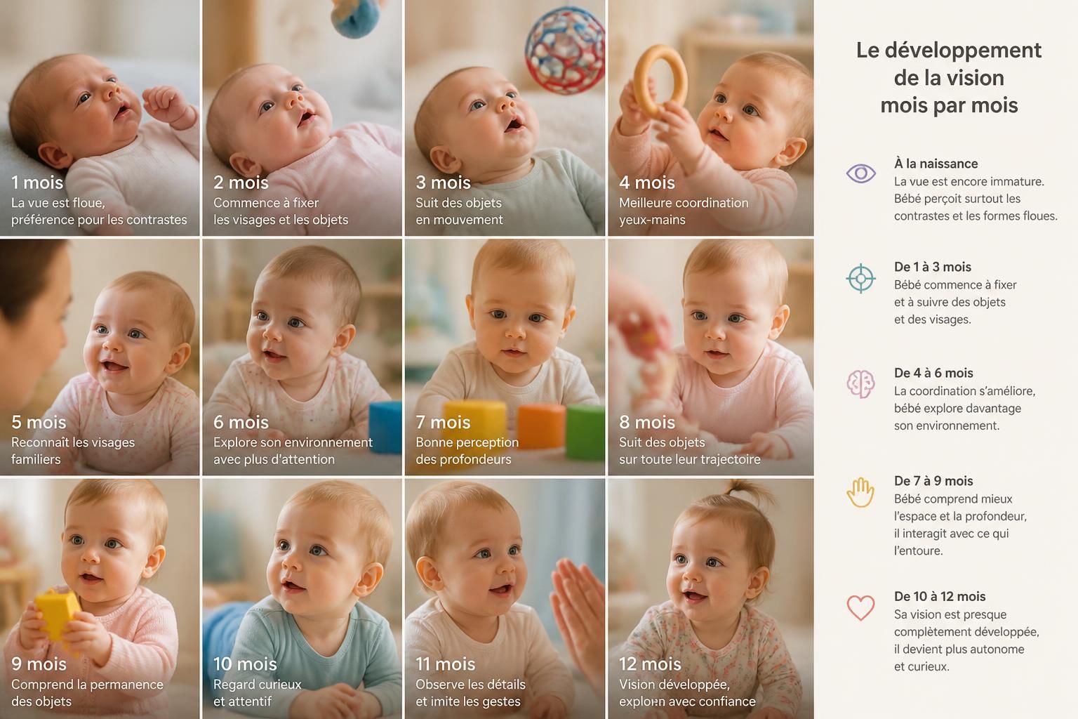 découvrez comment la vision de votre bébé évolue mois par mois et les étapes clés à surveiller pour un développement visuel optimal.