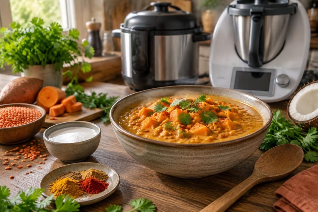 découvrez une recette savoureuse de lentilles corail, patate douce et lait de coco, facile à préparer au cookeo ou au thermomix.