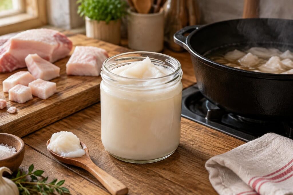 préparez facilement un saindoux maison, pur et savoureux, sans colorant ni additifs, grâce à une recette simple et détaillée.